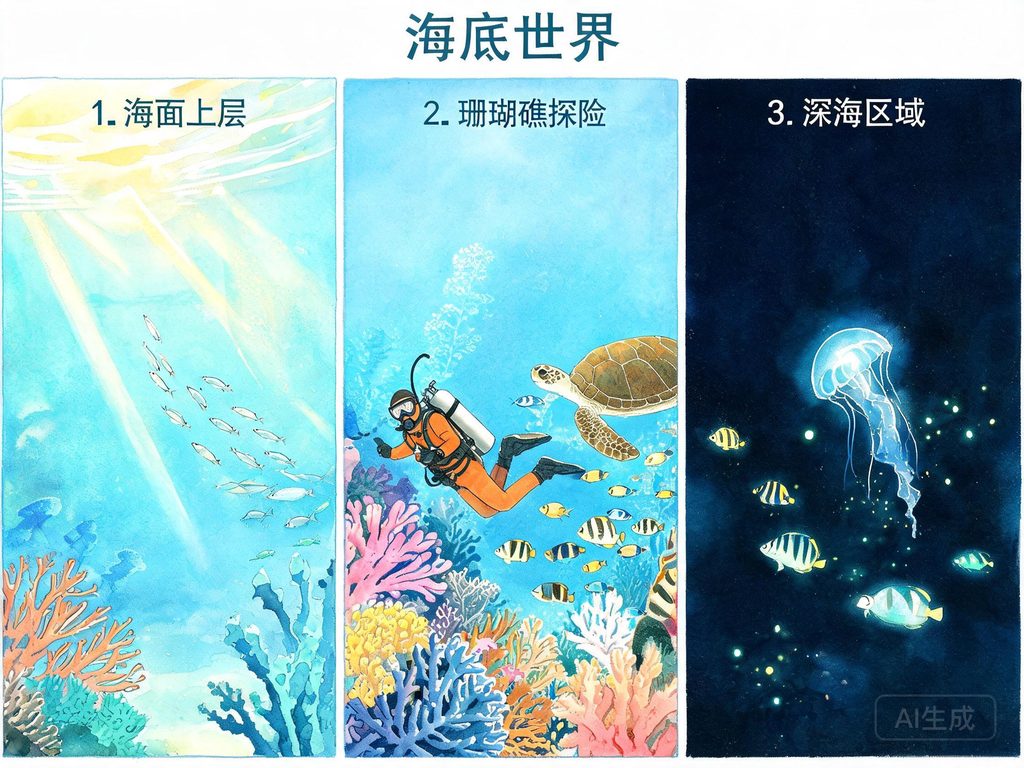 深海生物在黑暗中发光和奇特形态的插画