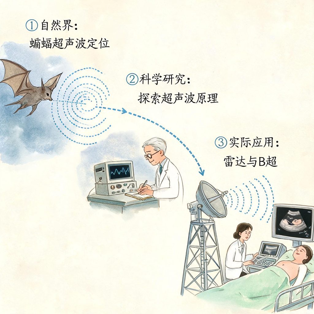 仿生学从动植物获得灵感发明雷达潜艇等技术的插画
