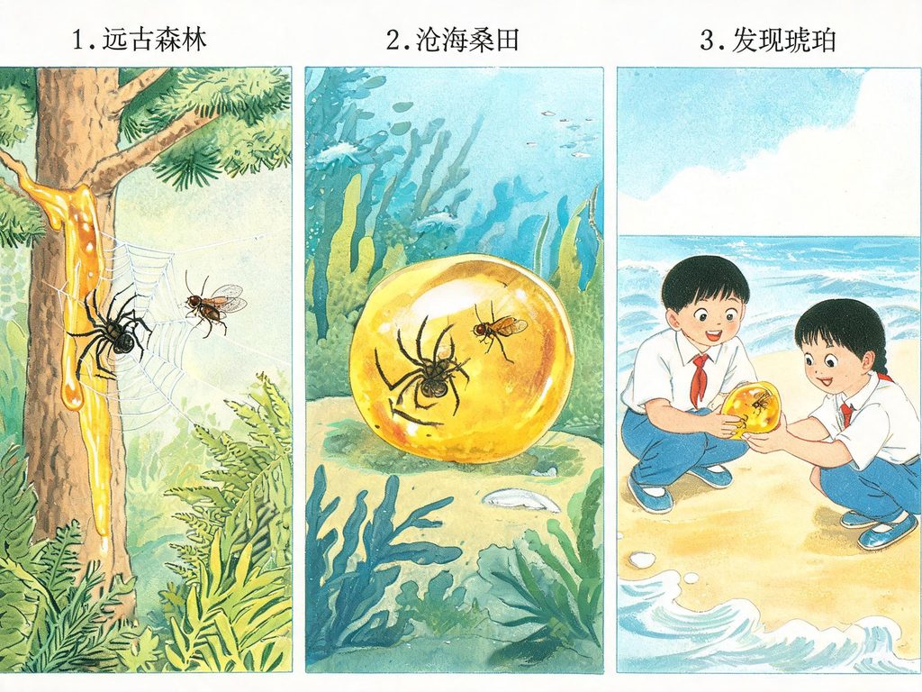 从琥珀化石到恐龙化石的故事画面