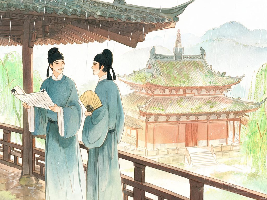 南朝佛寺兴衰与杜牧写诗背景插画