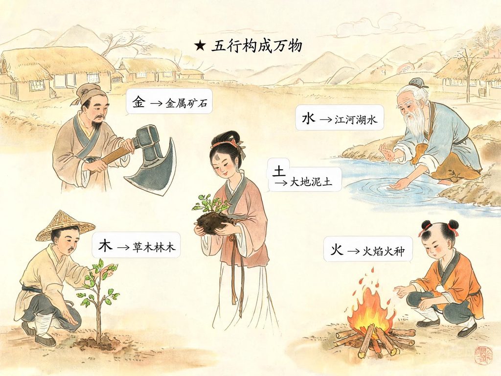 五行相生相克圆环插画