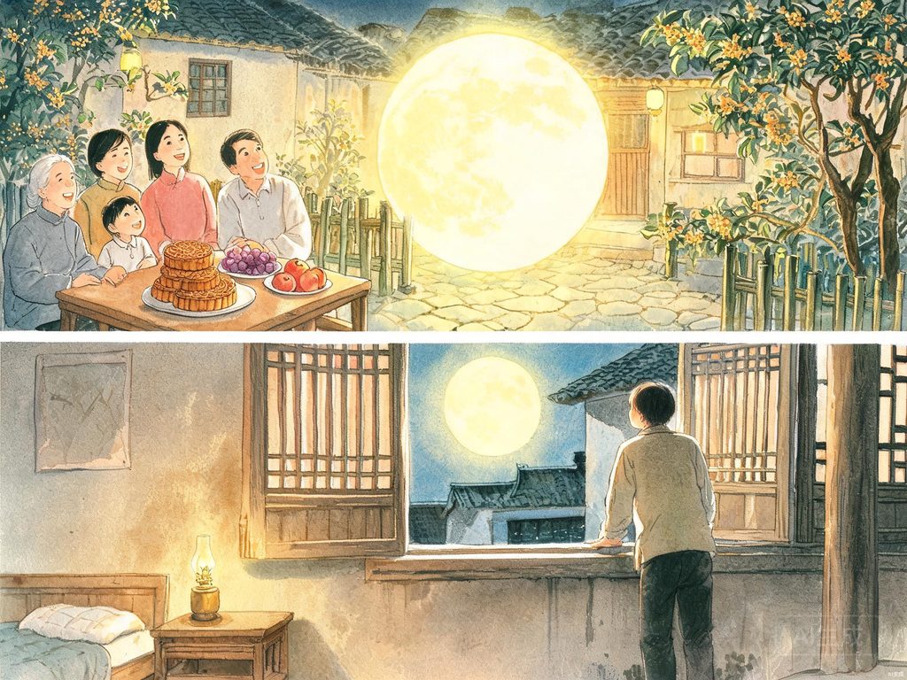 月亮连接远方家乡插画