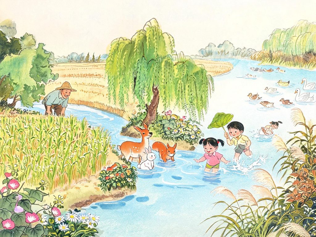 雨水汇成溪流再汇成河流的插画