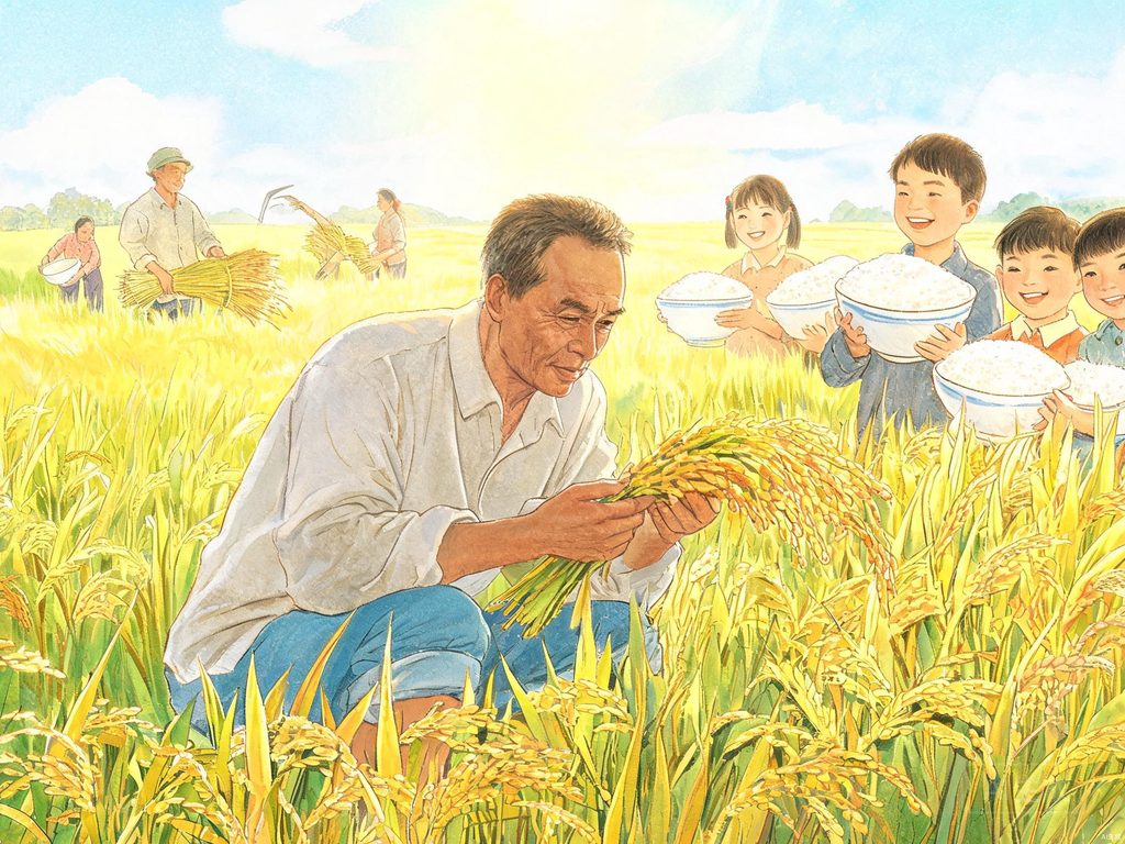 袁隆平和稻田插画