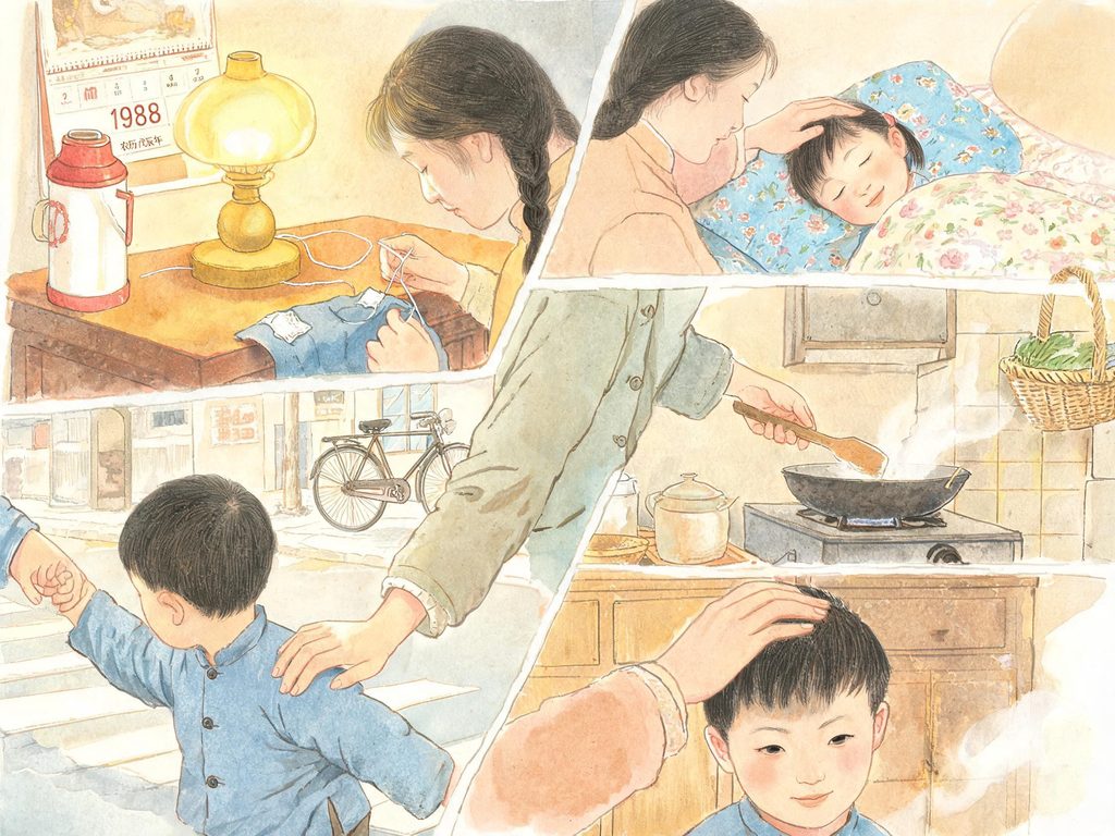 不同年代母亲劳作的手的故事插画