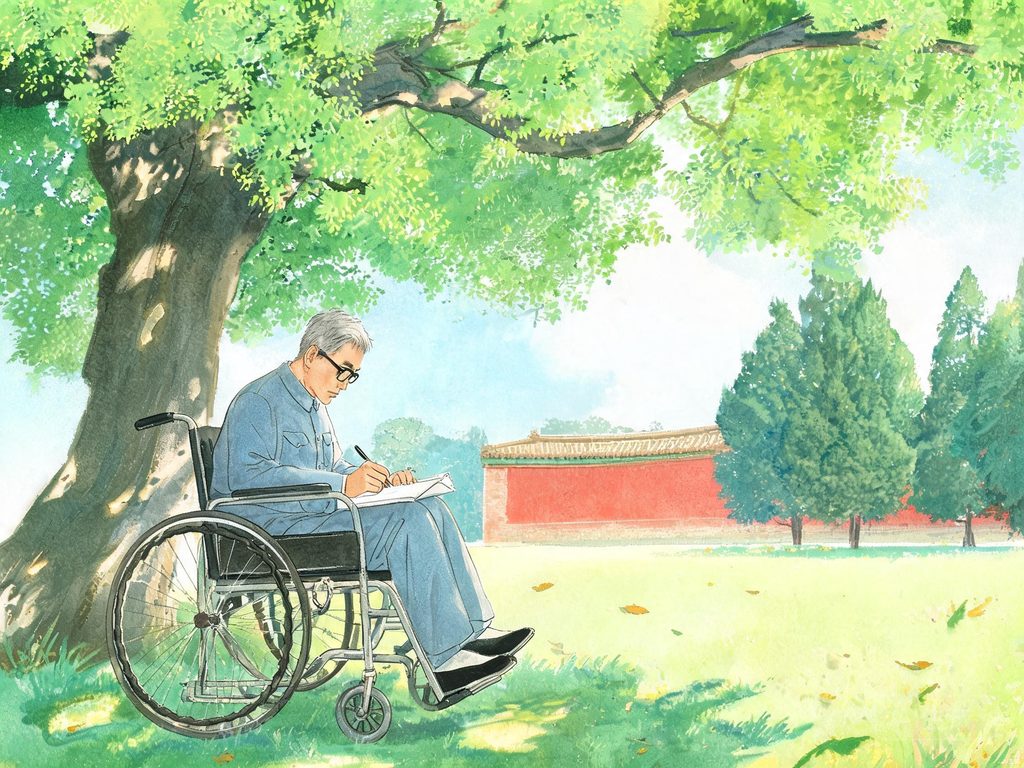 史铁生在轮椅上写作的人生故事插画