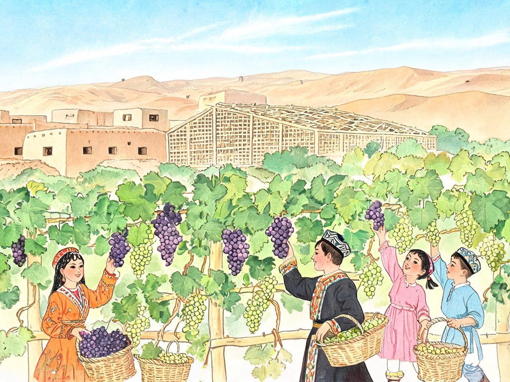 阳光照在葡萄藤上，旁边画着温差和日照的示意图