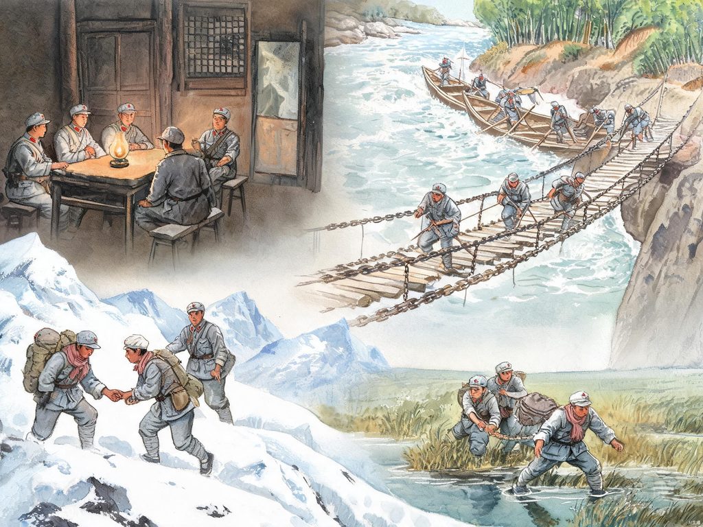 飞夺泸定桥、过雪山草地等长征故事插画