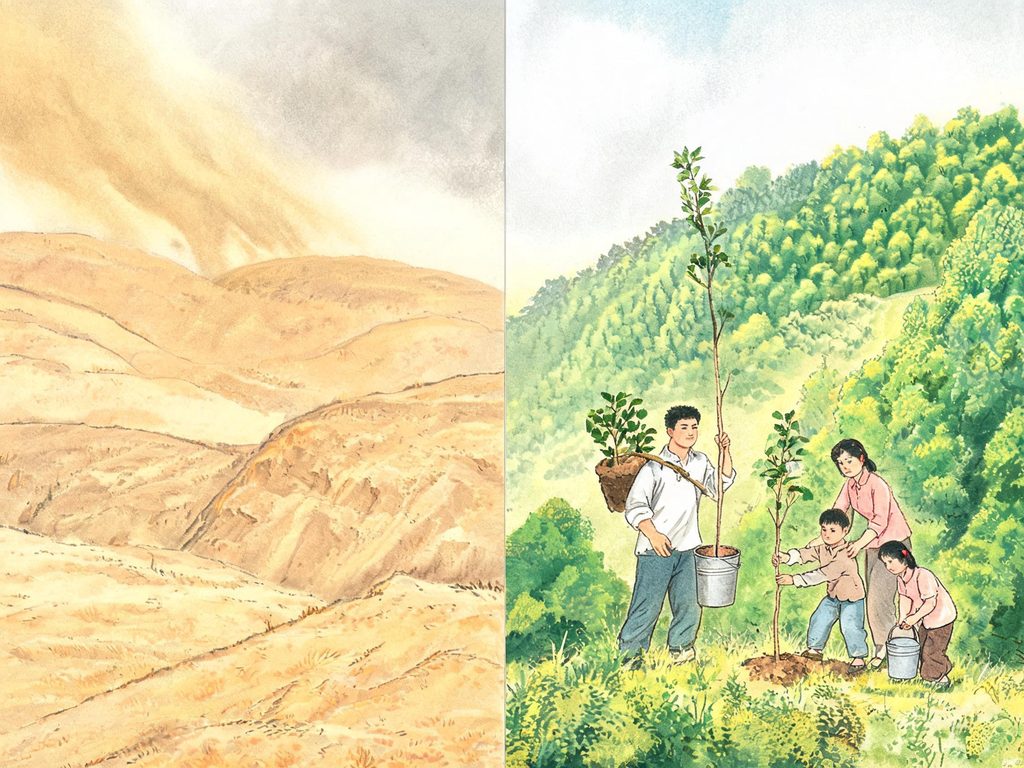 中国植树造林运动插画