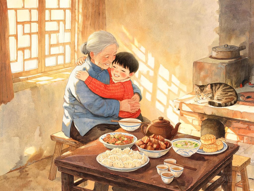 外婆带孩子做家务温馨场景插画