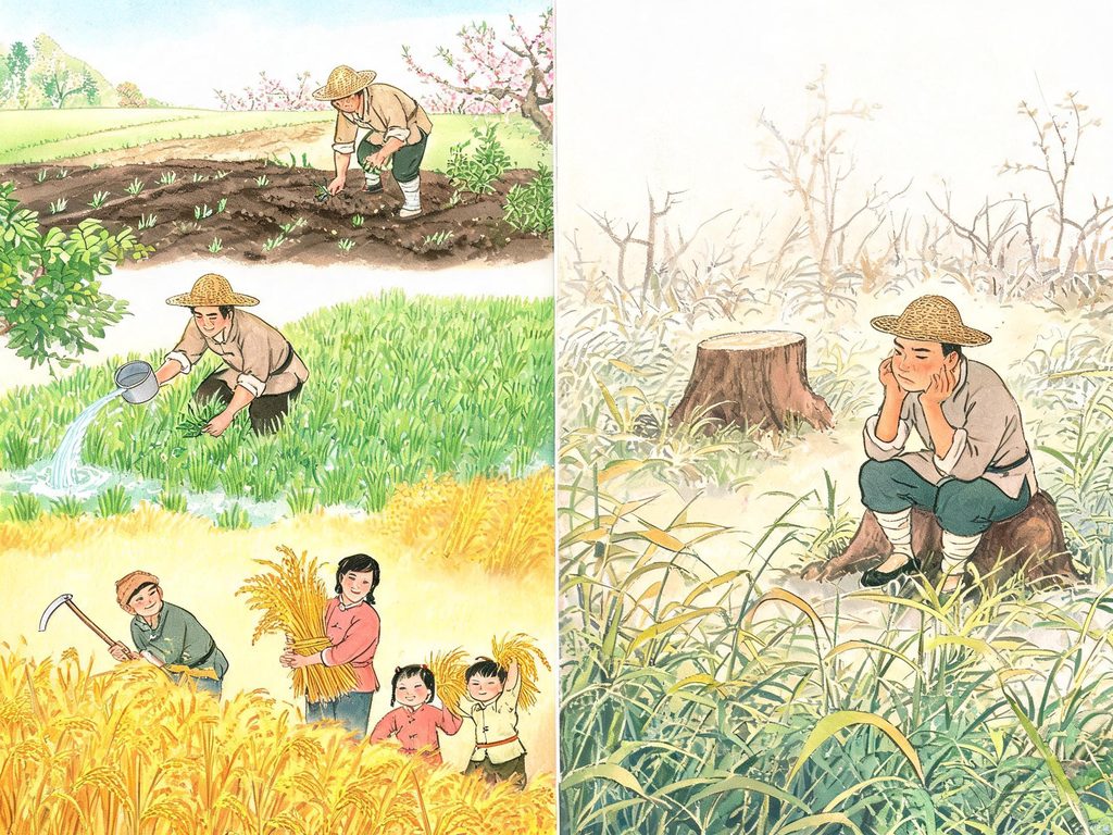 农夫耕作和等待的对比插画