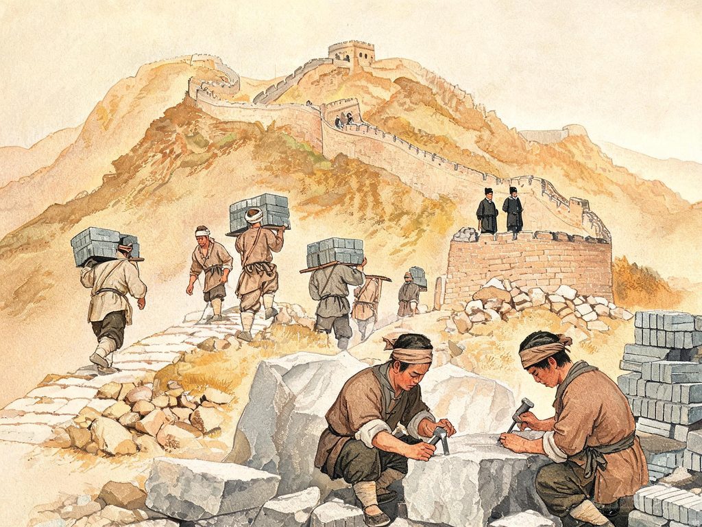 古人修筑长城搬运砖石插画