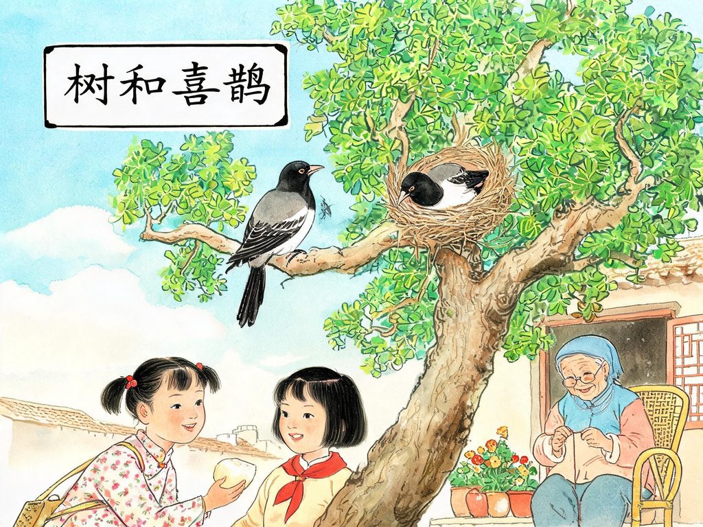 喜鹊报喜传说与习性插画