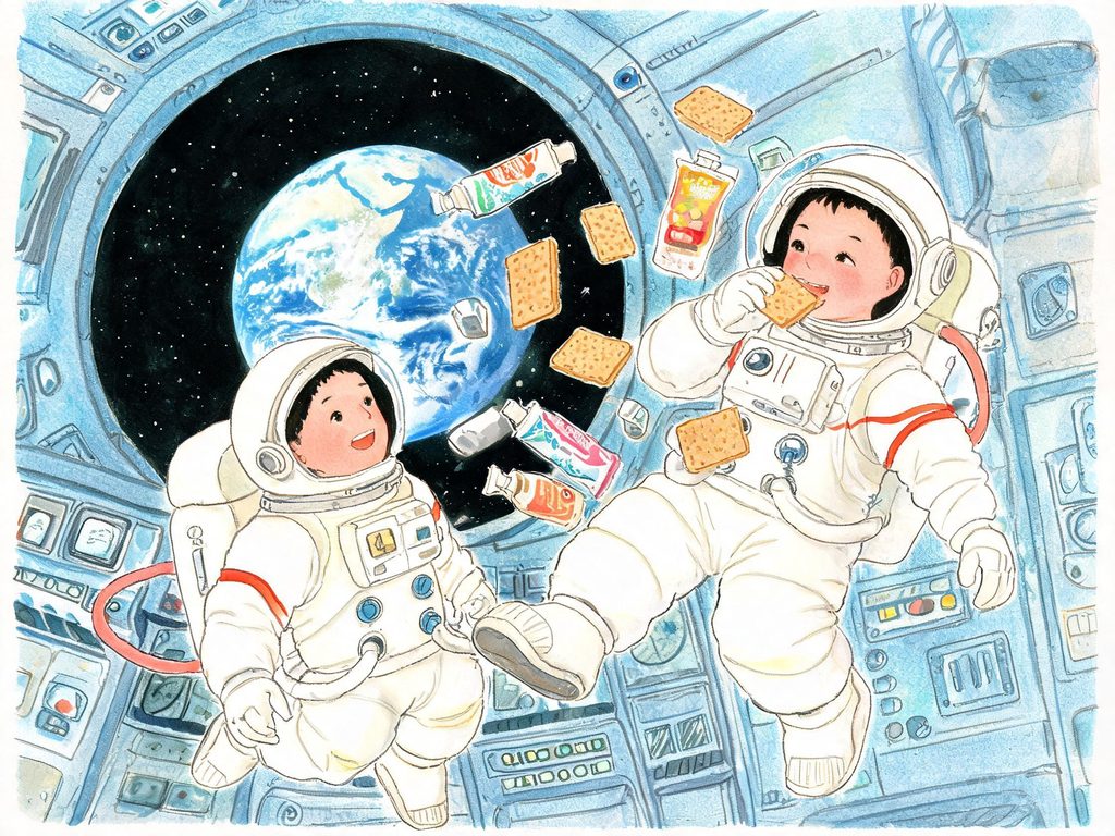 宇航员在太空中用特殊方式吃饭喝水插画