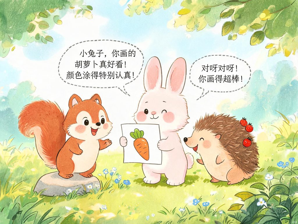 一颗种子在阳光和雨露下发芽长大，旁边写着"鼓励"二字