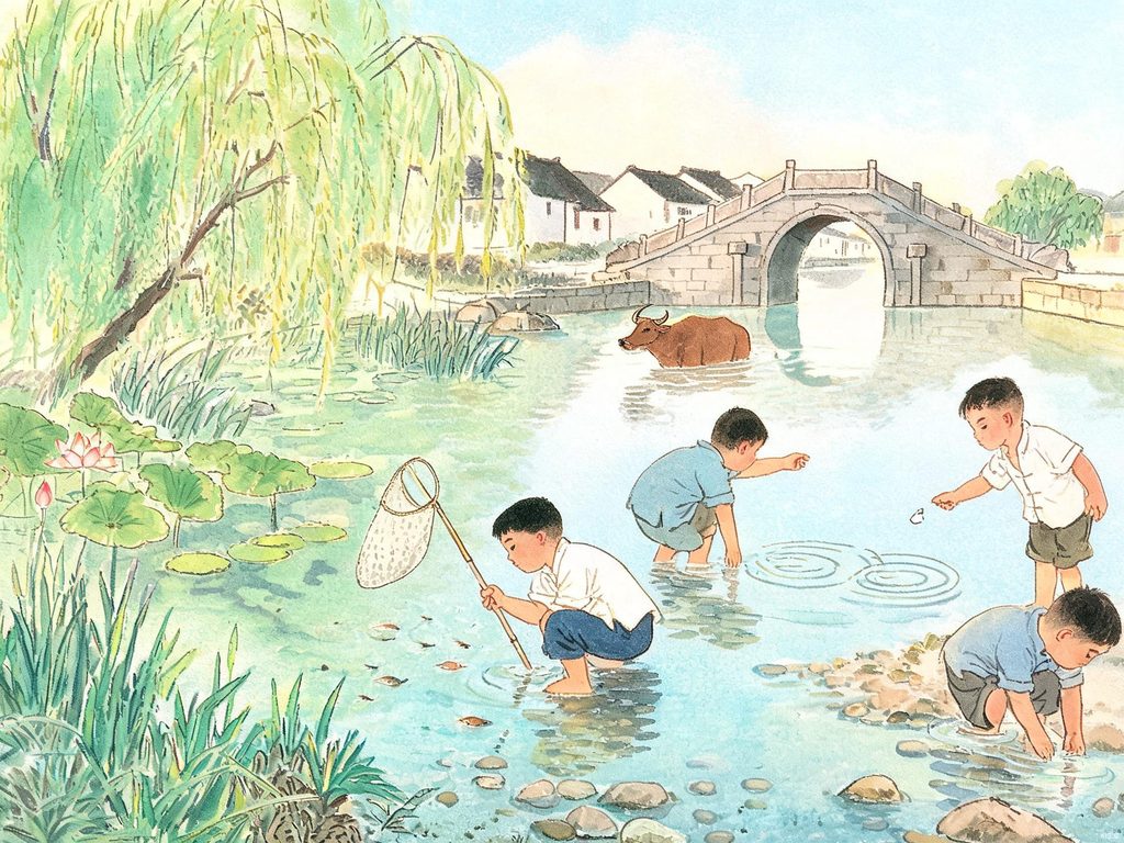 河流孕育人类文明连珠故事插画