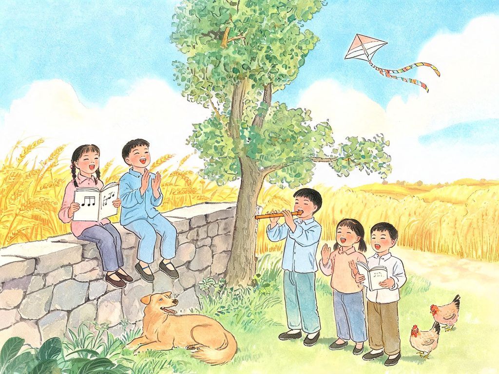 不同年代的童年游戏对比插画