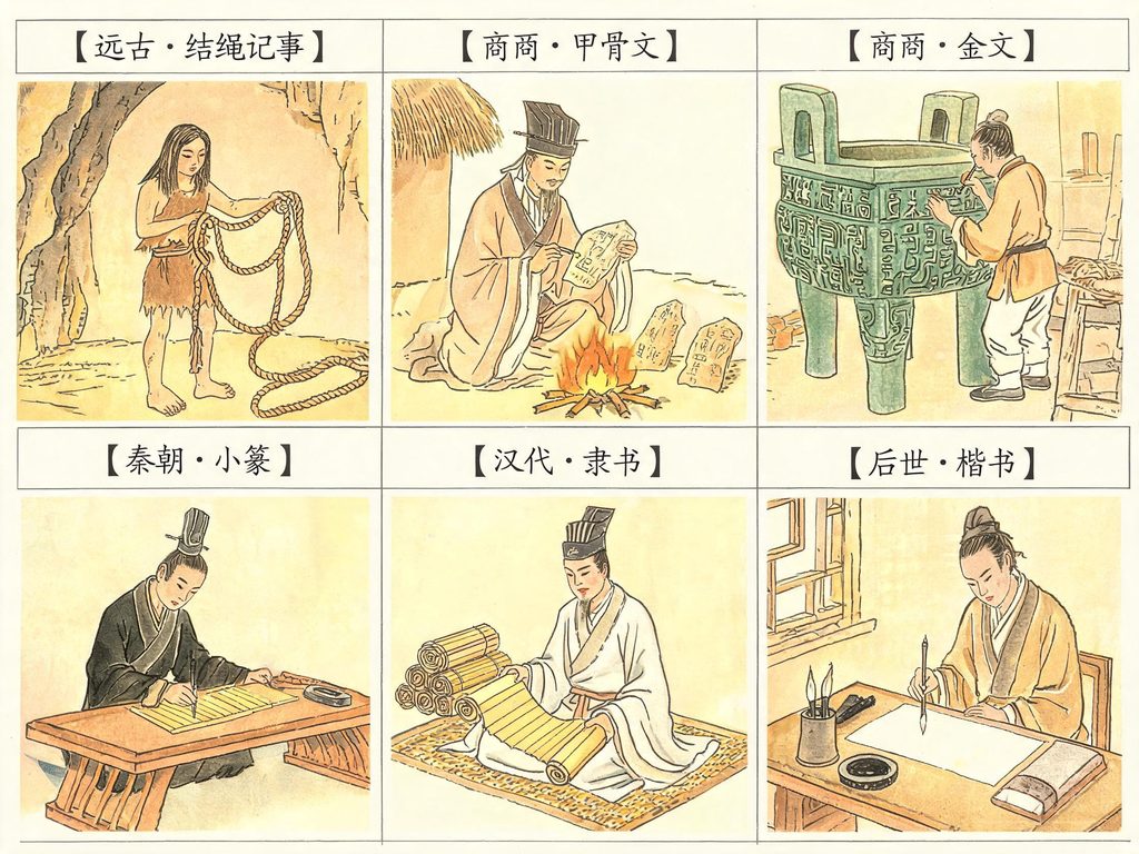 汉字从甲骨文到楷书的演变插画