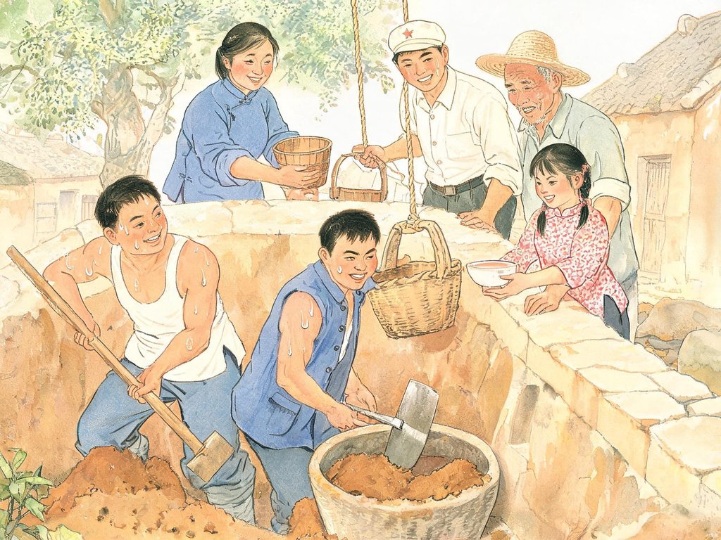 井水、村庄和记忆牌插画