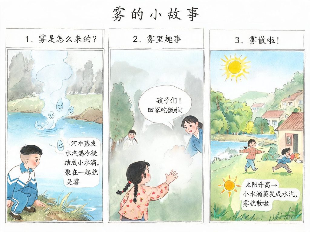 水汽遇冷凝结成小水滴的示意图，太阳出来后雾慢慢散去