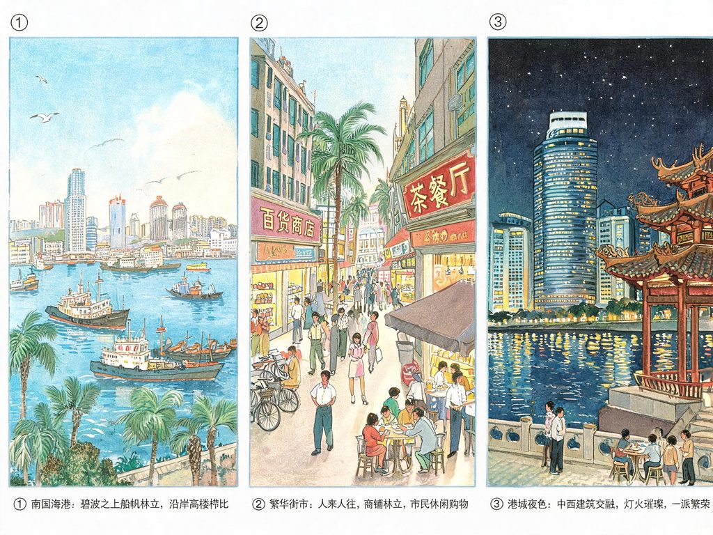 几座中国沿海名城并置的画面