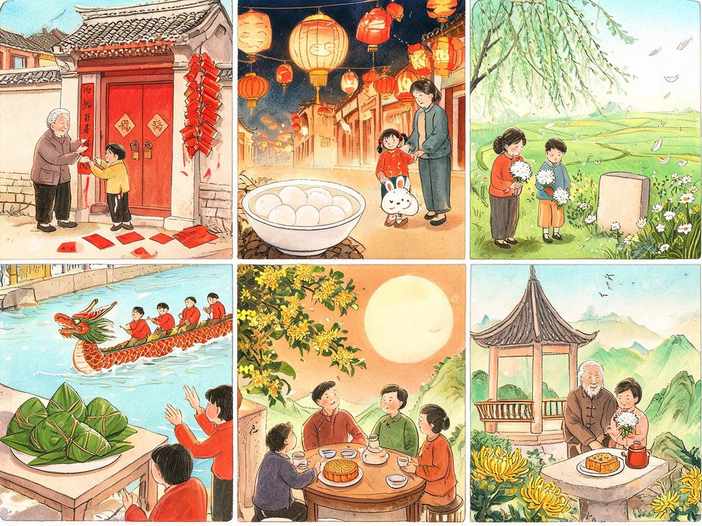 春节放鞭炮驱赶年兽的传说插画