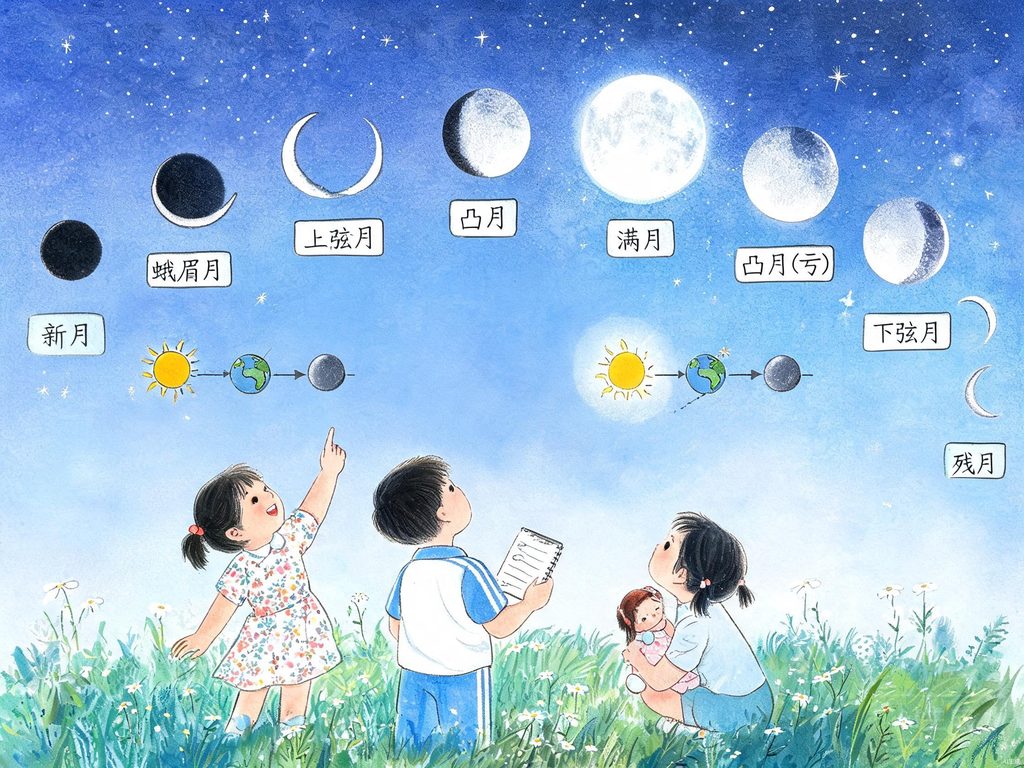 月相变化与弯月像小船的插画