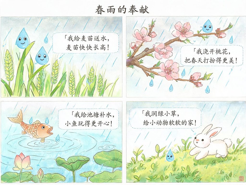 雨滴从云中落下汇入河流大海的插画