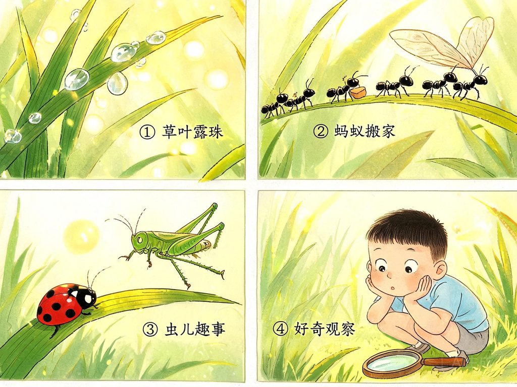 法布尔蹲在草丛里观察昆虫的插画