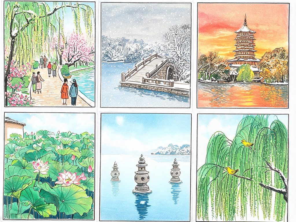 西湖十景的风景插画