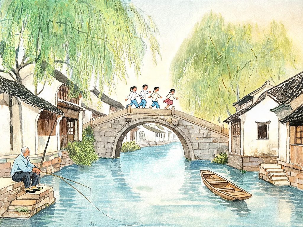 小镇随时代变迁的故事插画
