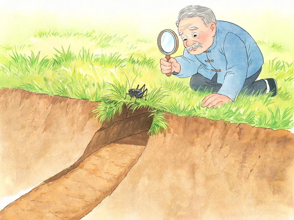 法布尔蹲在草丛里，拿着放大镜观察昆虫