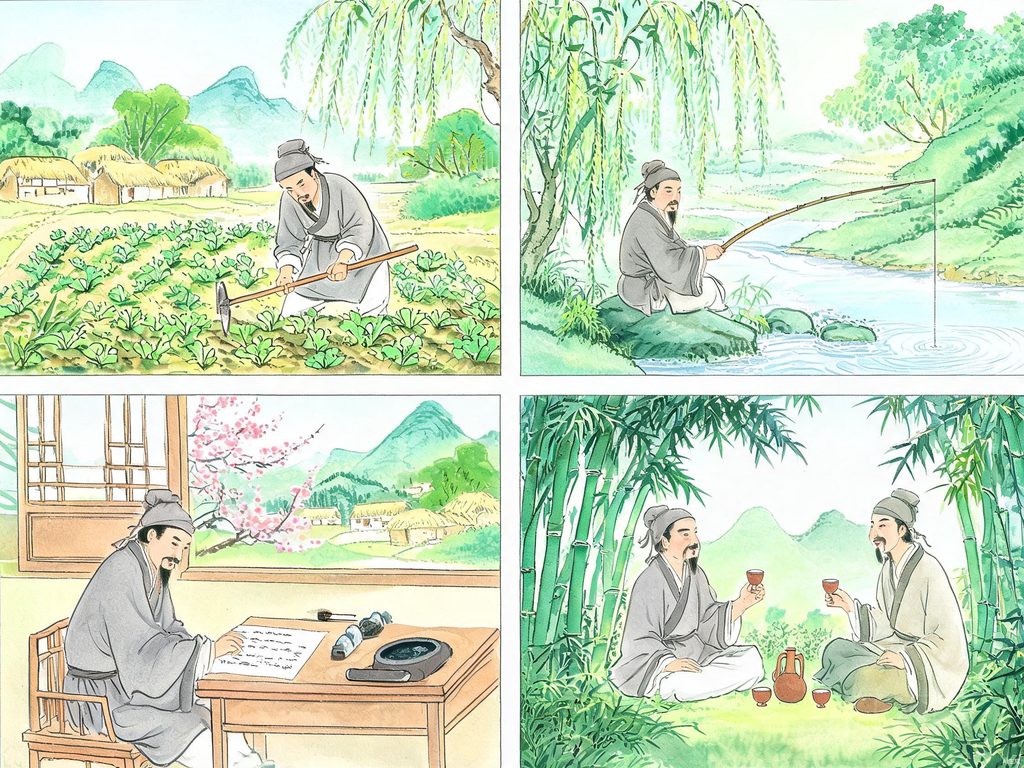 孟浩然隐居鹿门山的生活插画