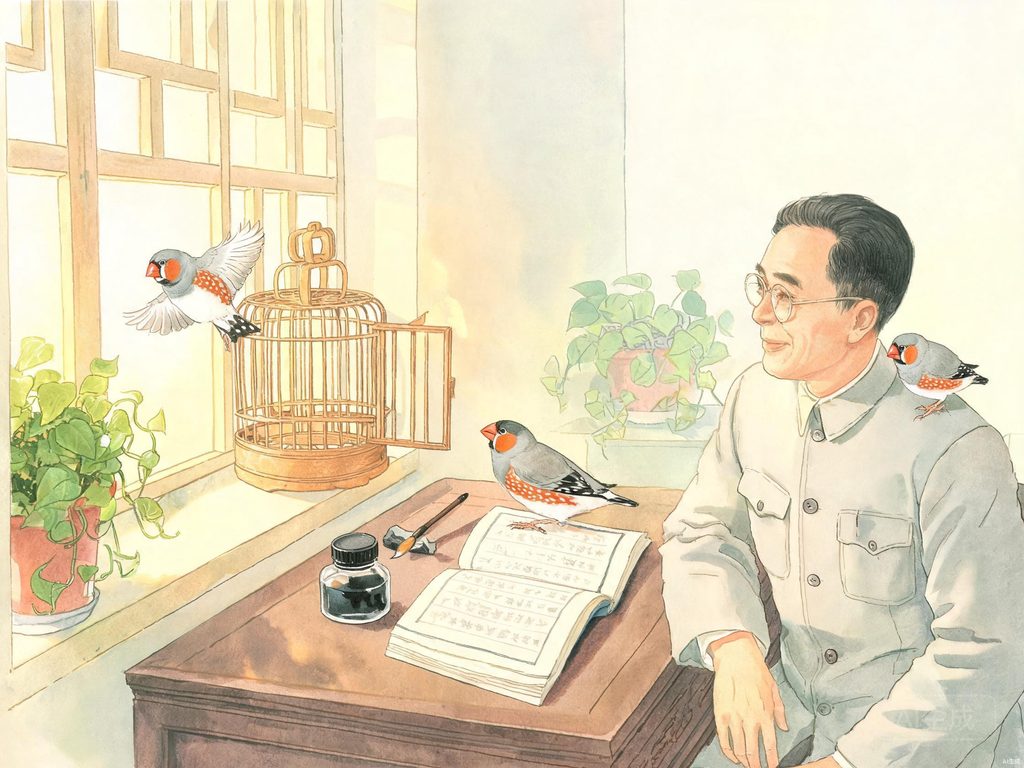 鸟类与人建立信任过程和动物行为学的插画