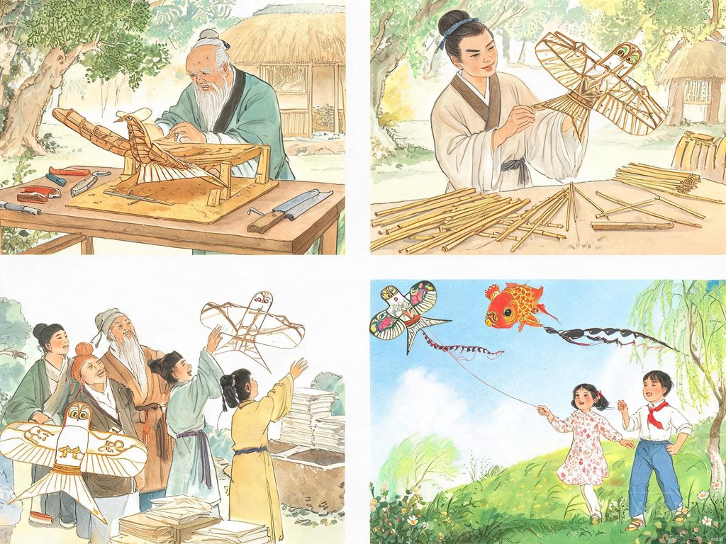 一只五彩斑斓的传统风筝飞在蓝天上，旁边画着古代纸鸢的样子