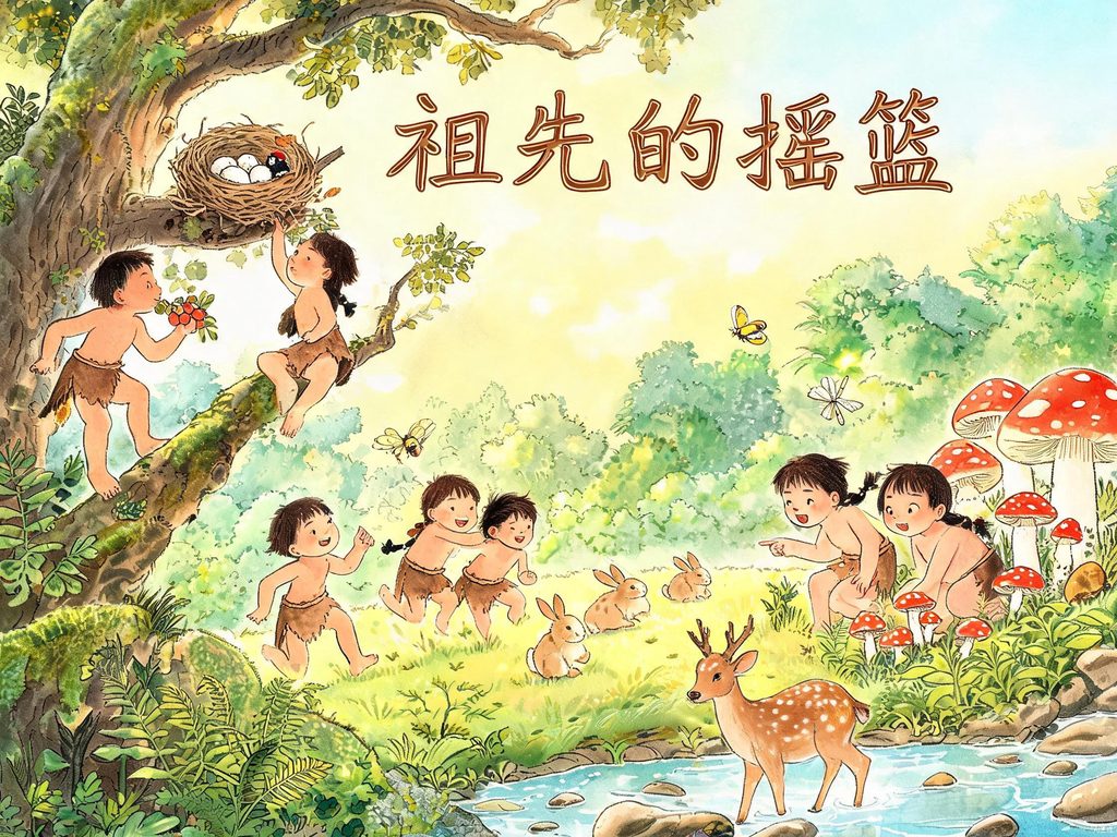 远古人类在森林中生活的场景插画
