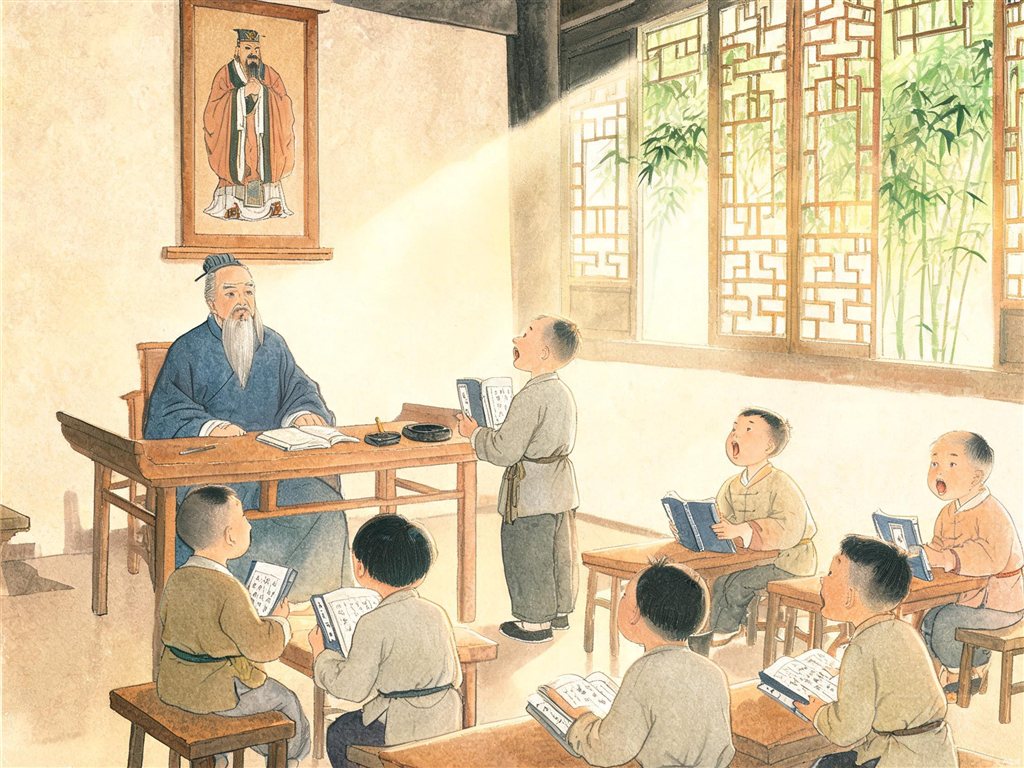 古代私塾里学童读书的插画