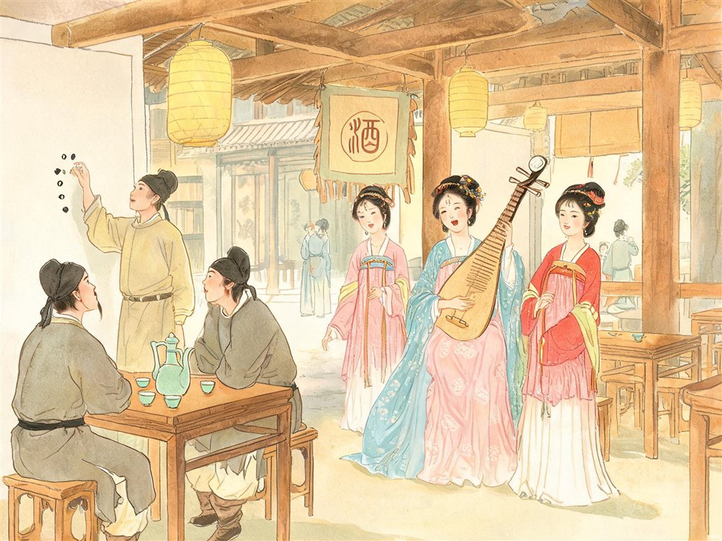 旗亭画壁歌女唱诗的插画