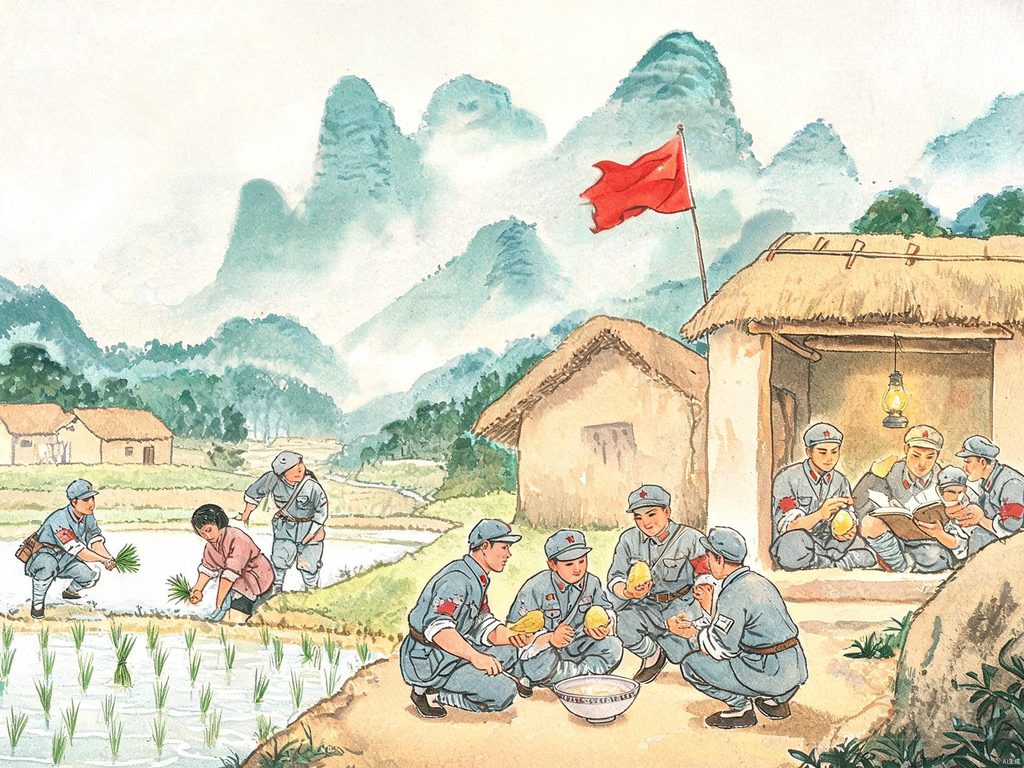井冈山的群峰叠嶂，山间小路蜿蜒，红旗在山顶飘扬