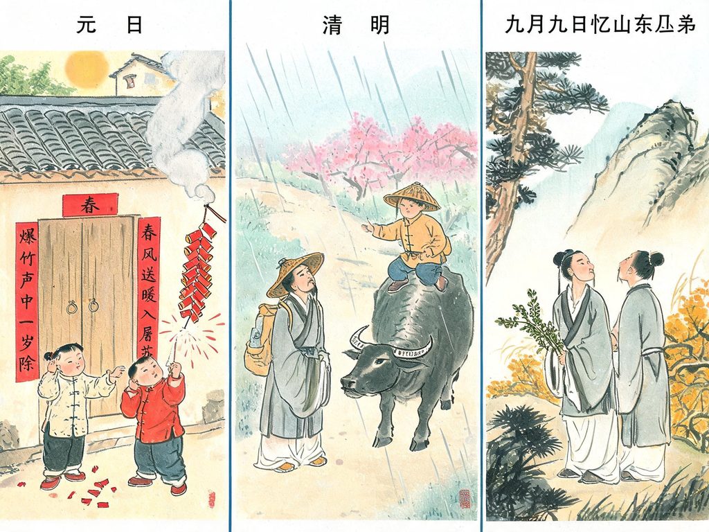三个传统节日的习俗并置画面