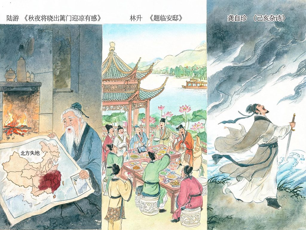 跨越朝代的爱国诗人连珠插画