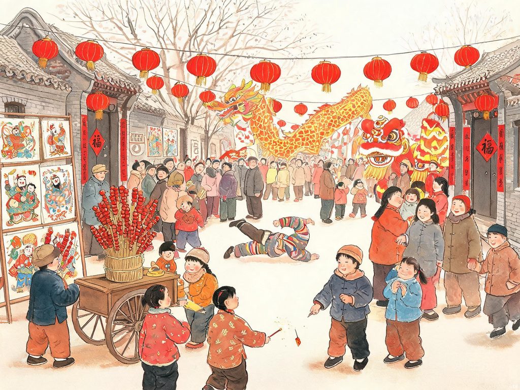 北京春节庙会热闹场景插画