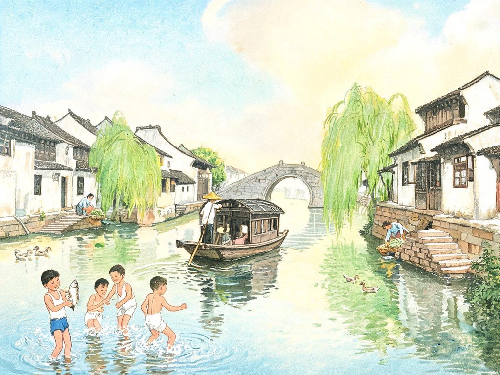 故乡小河上石桥与垂柳老屋的水乡插画