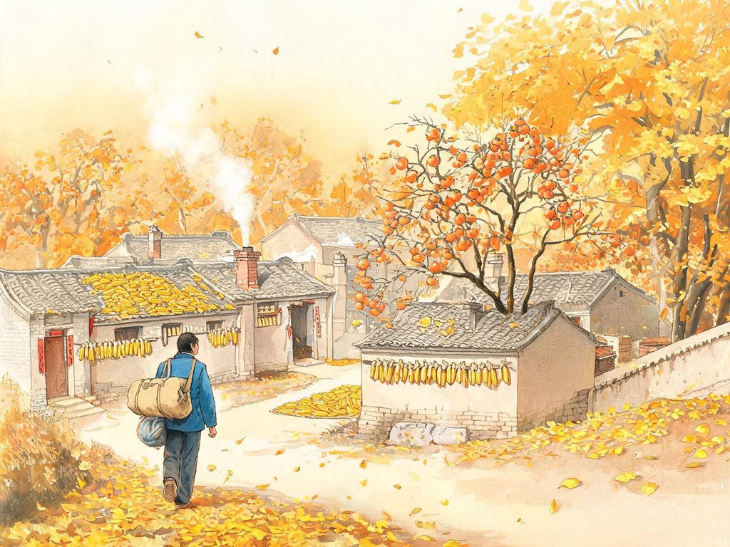 秋天金黄的稻田和老屋插画