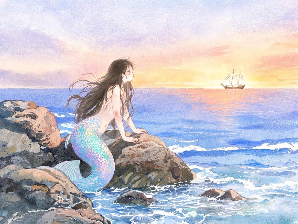 海中美人鱼凝望海面的画面