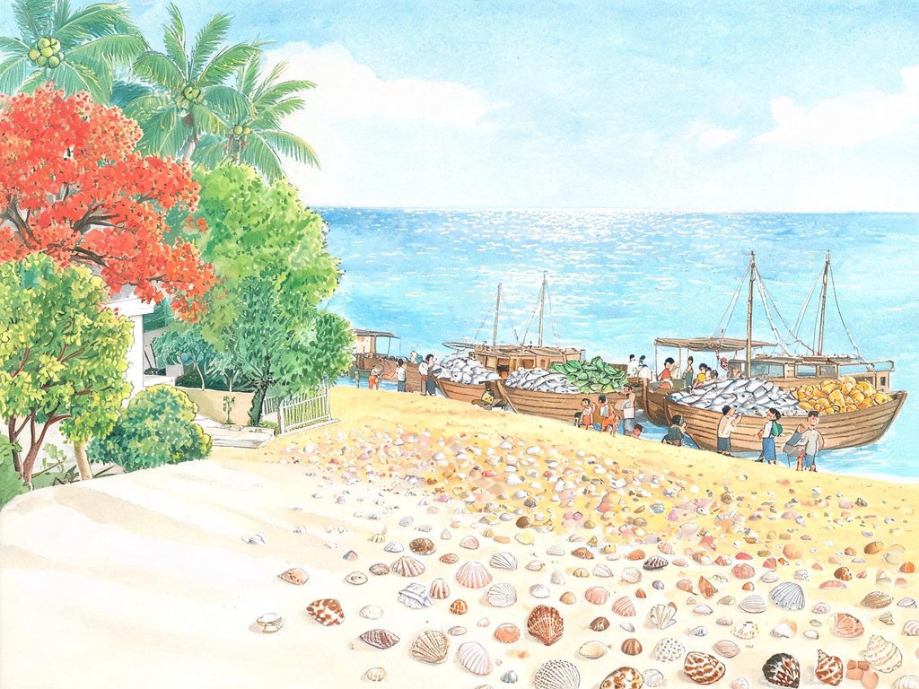 海滨小城的海滩、渔船、凤凰树和街道风光插画