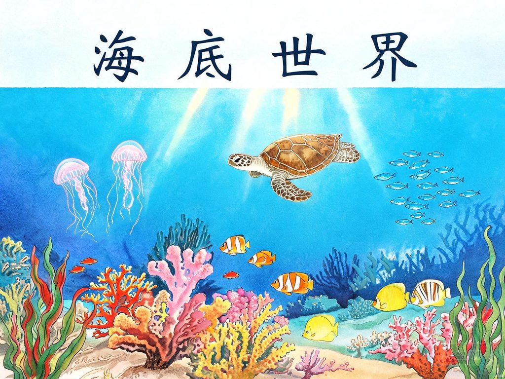 海底世界中各种鱼类、珊瑚、海藻和海洋生物的场景插画
