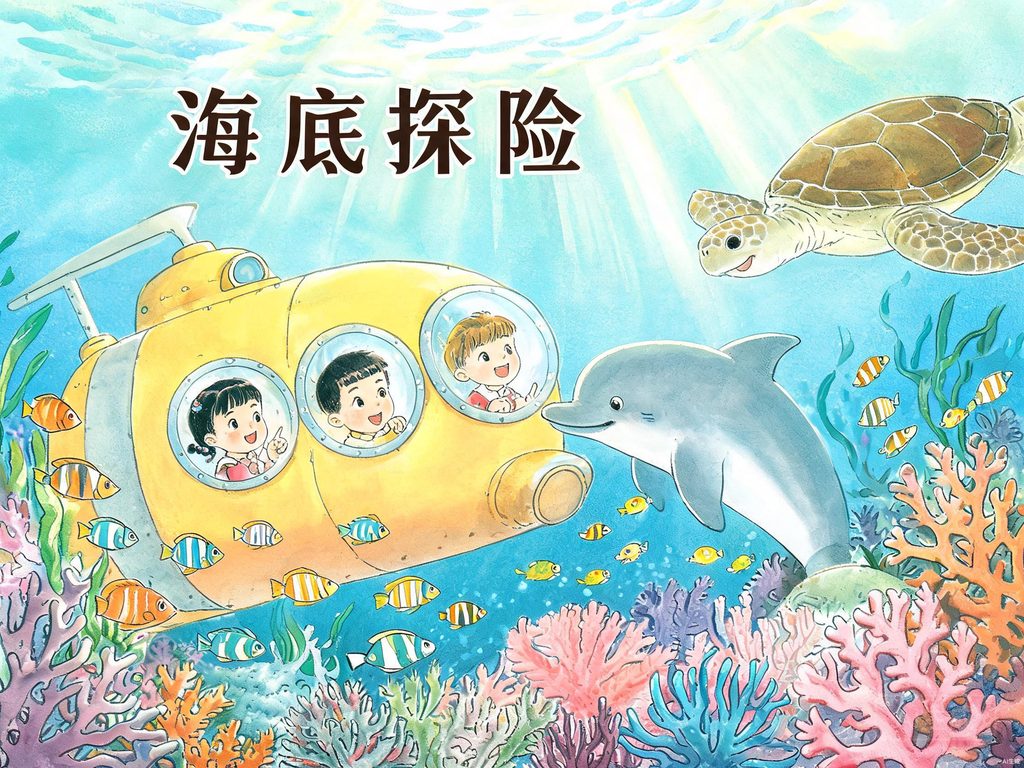 潜水器在海底探险、鱼群游动插画