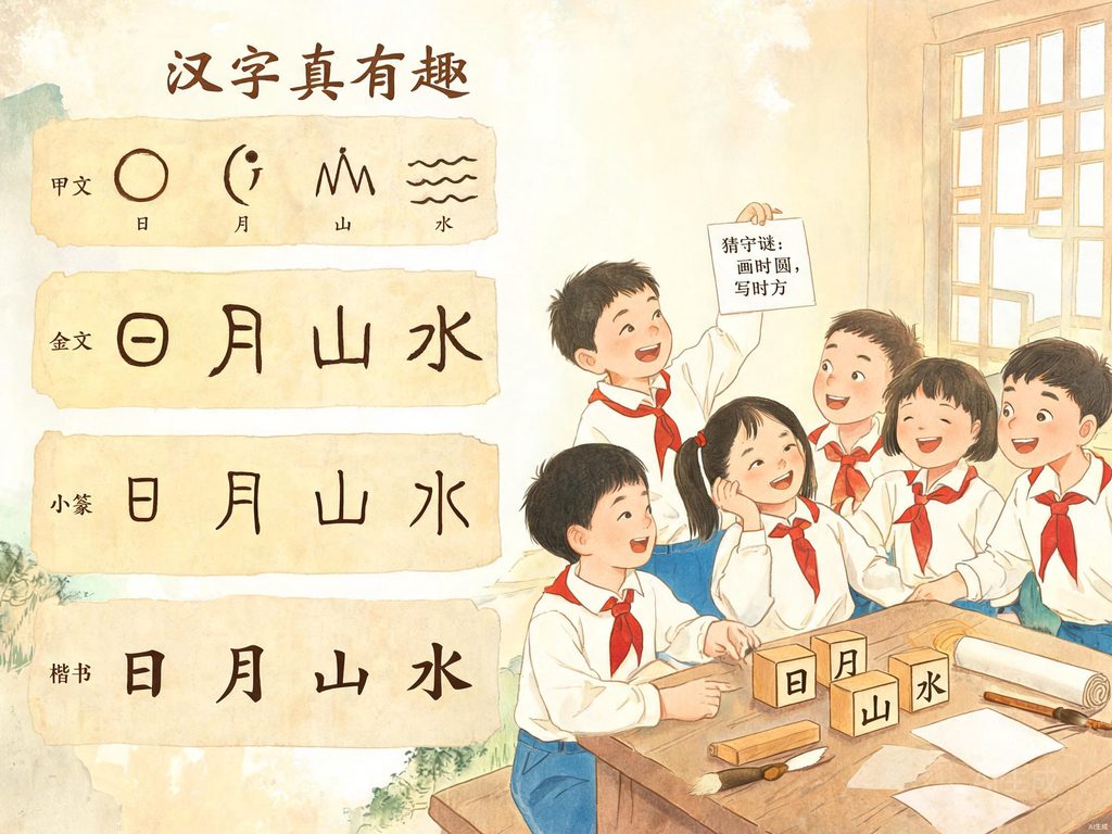汉字演变与字谜的趣味插画