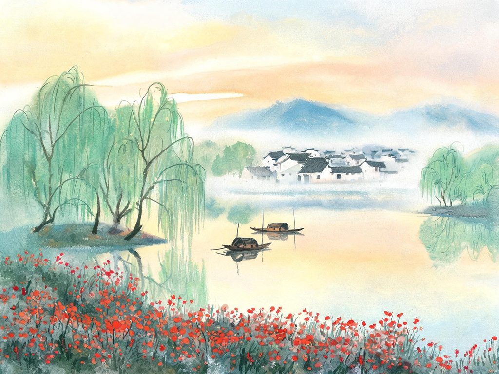 鲁迅梦境中美丽水乡与昏暗现实对比插画